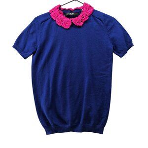 Sibling London Merino Wool Short Sleeve Sweater Women M Crochet Collar Blue Pink